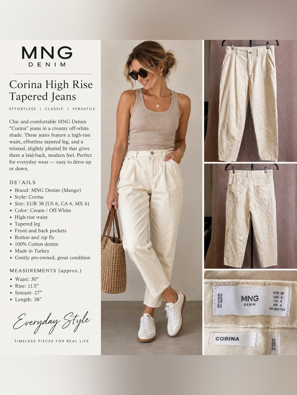 MNG Mango Corina Cream High Rise Tapered Jeans Size 6 Pleated Mom Pants